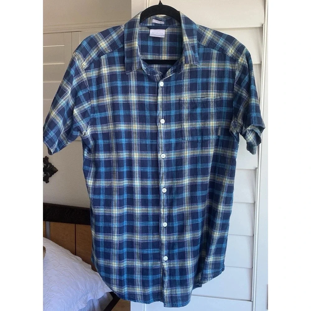 Columbia Shirt Mens‎ Medium Blue Plaid Short Sleeve Regular Fit AM1238